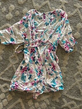 Floral Tie-Waist Robe in Pink & Teal